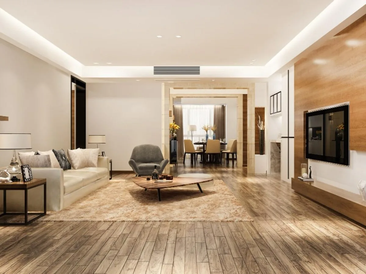 The lounge with WPC wooden decking and modern furniture