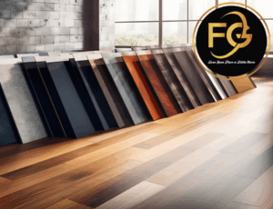 A variety of modern floor samples displayed upright in a showroom with wooden flooring and large windows.
