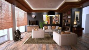Modern living room with wooden flooring, large windows with blinds, and neutral furniture, showcasing design choices that reduce heat stress on floors in Dubai.