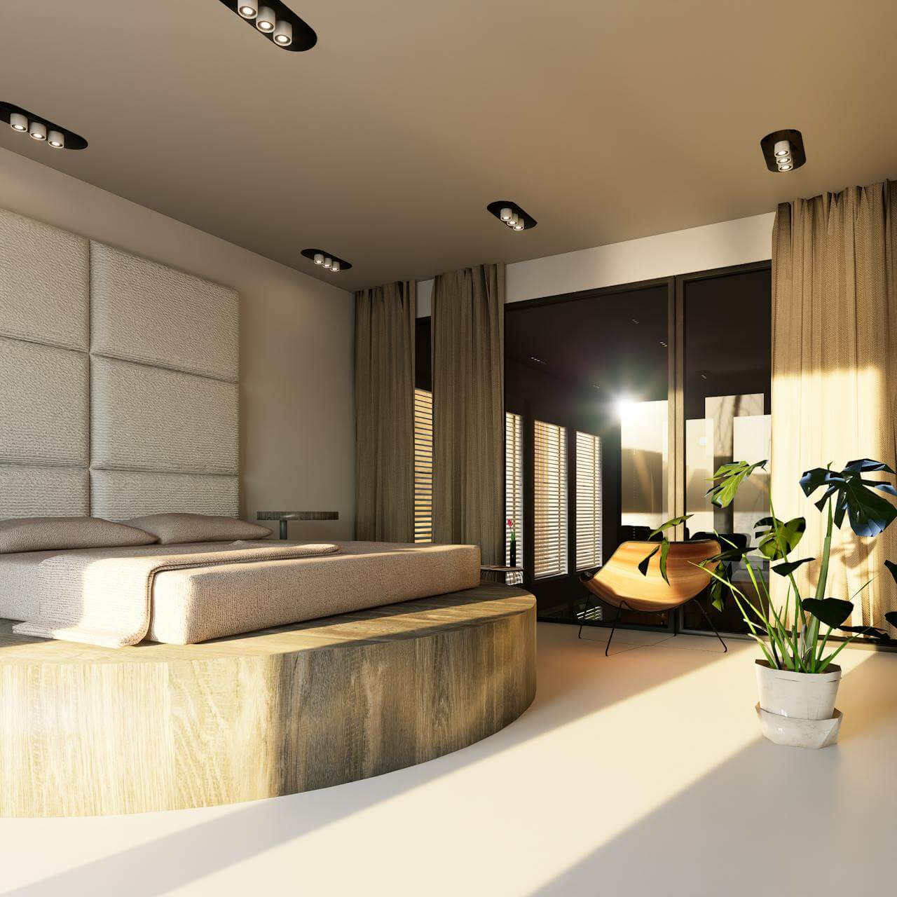 Sunlit modern bedroom with elevated wooden platform bed, large windows, and curtains 